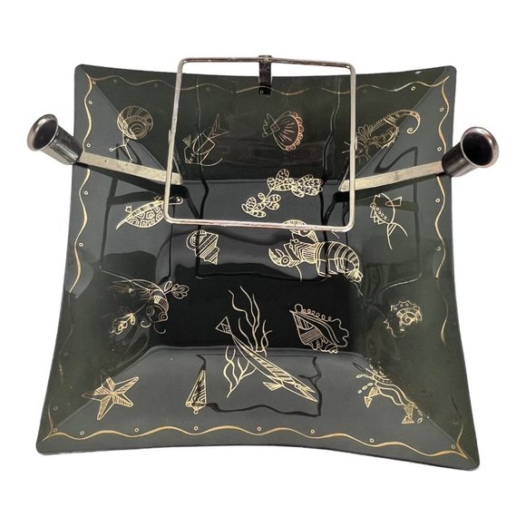 2 Tier Black Glass Tray Dish Gold Sea Creatures Candle Holder MCM Chip Dip VTG - Picture 3 of 10